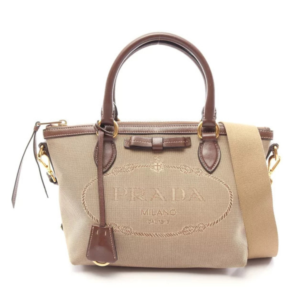 Prada JACQUARD Handbag Canvas Leather Beige Cream Brown